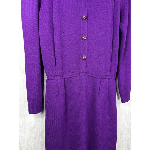 ST JOHN Purple Knit Career Dress Size 12 Gold Button Classic Office Chic - Picture 4 of 7